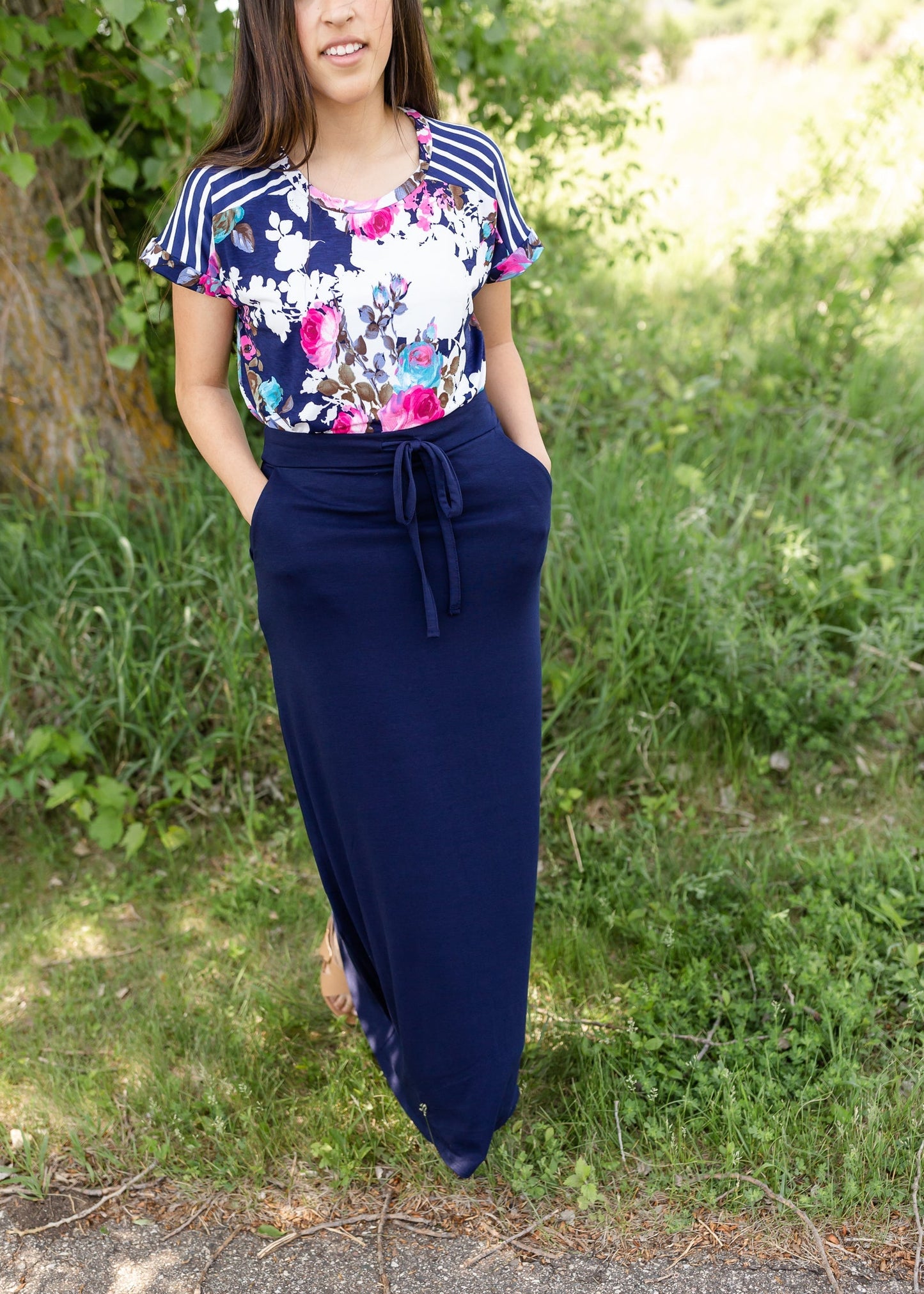 Navy Mixed Print Floral Top Tops