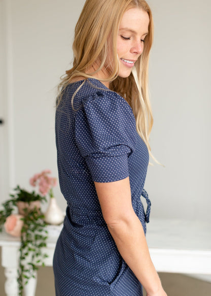 Navy Polka Dot Knit Midi Dress Dresses