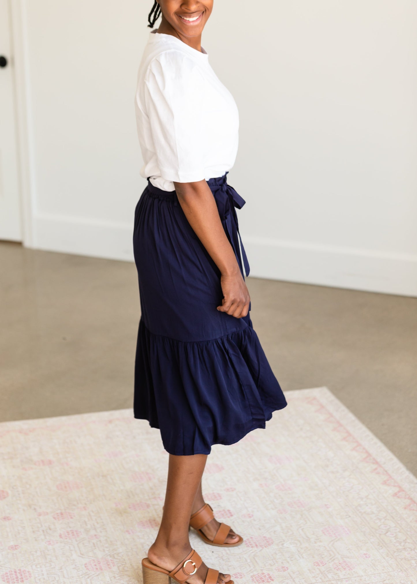 Navy Ruffle Tie Waist Midi Skirt - FINAL SALE Skirts