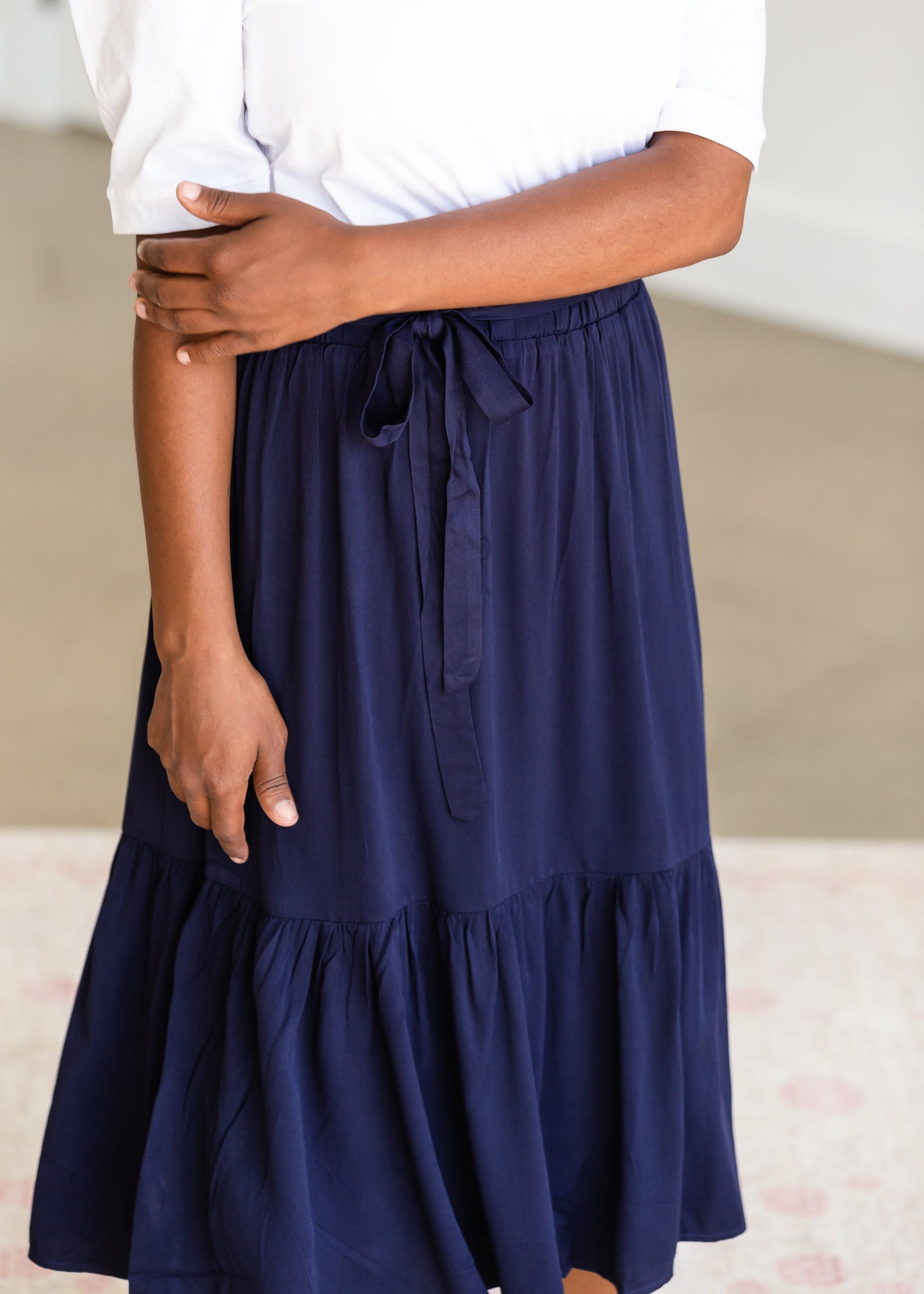 Navy Ruffle Tie Waist Midi Skirt - FINAL SALE Skirts