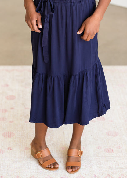 Navy Ruffle Tie Waist Midi Skirt - FINAL SALE Skirts