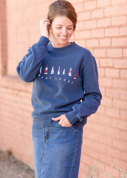 Navy Sailboat Crewneck Sweatshirt Tops