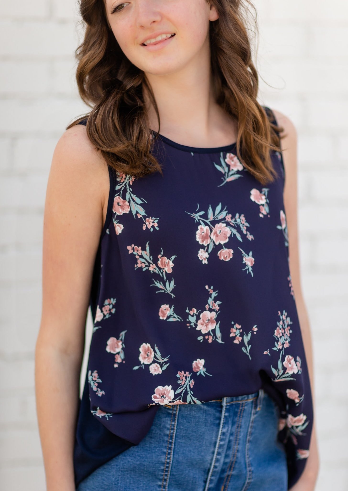 Navy Sleeveless Floral Tank Top Tops