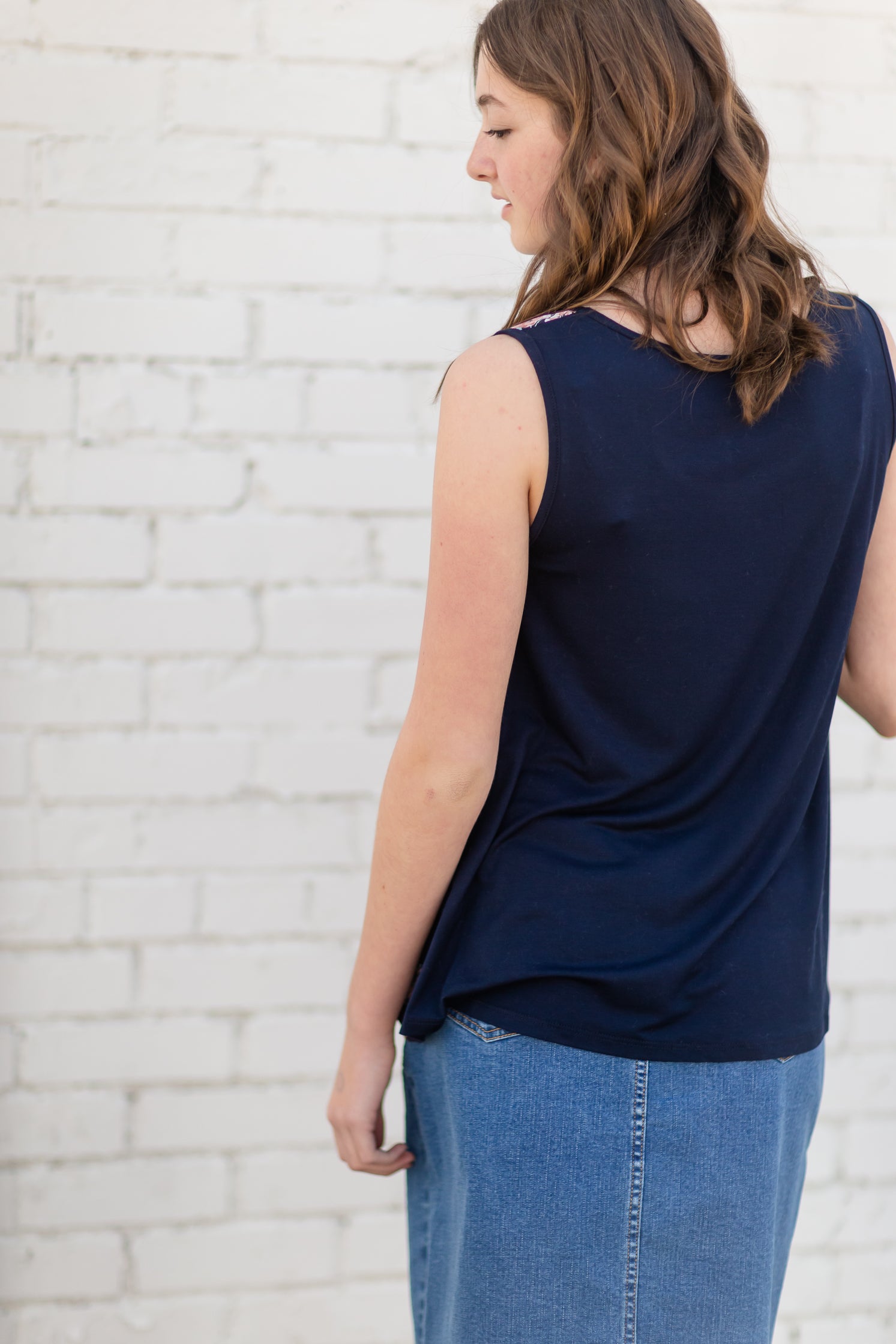 Navy Sleeveless Floral Tank Top Tops