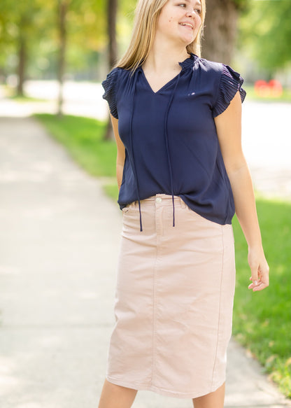 Navy Sleeveless Pleated Ruffle Top Tops VOY