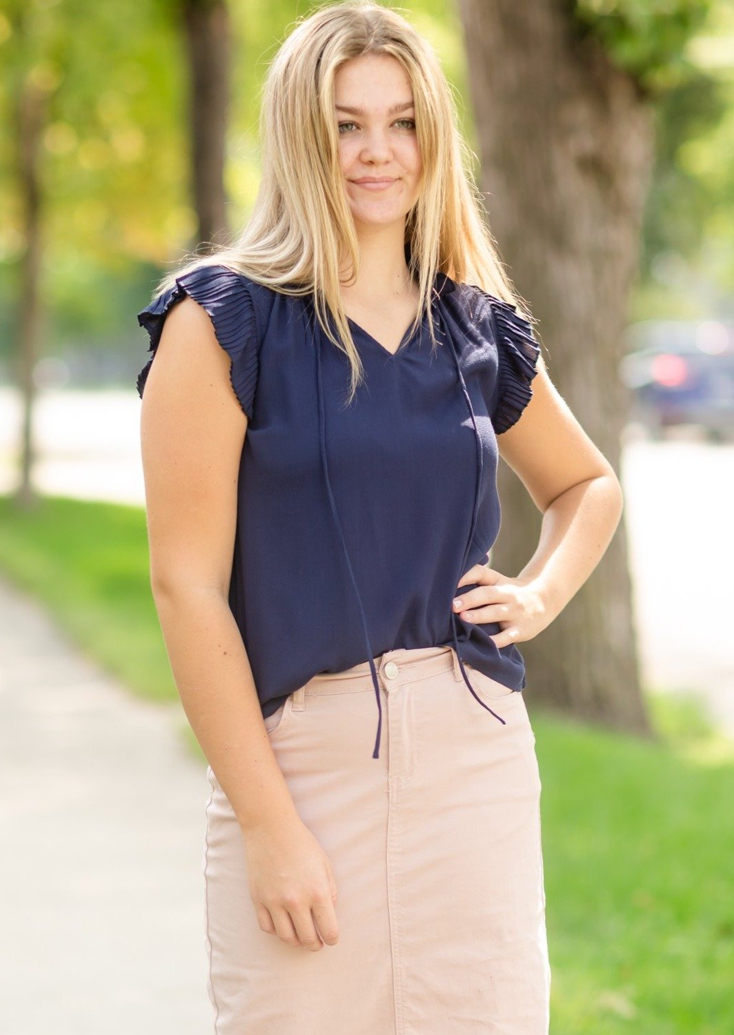 Navy Sleeveless Pleated Ruffle Top Tops VOY