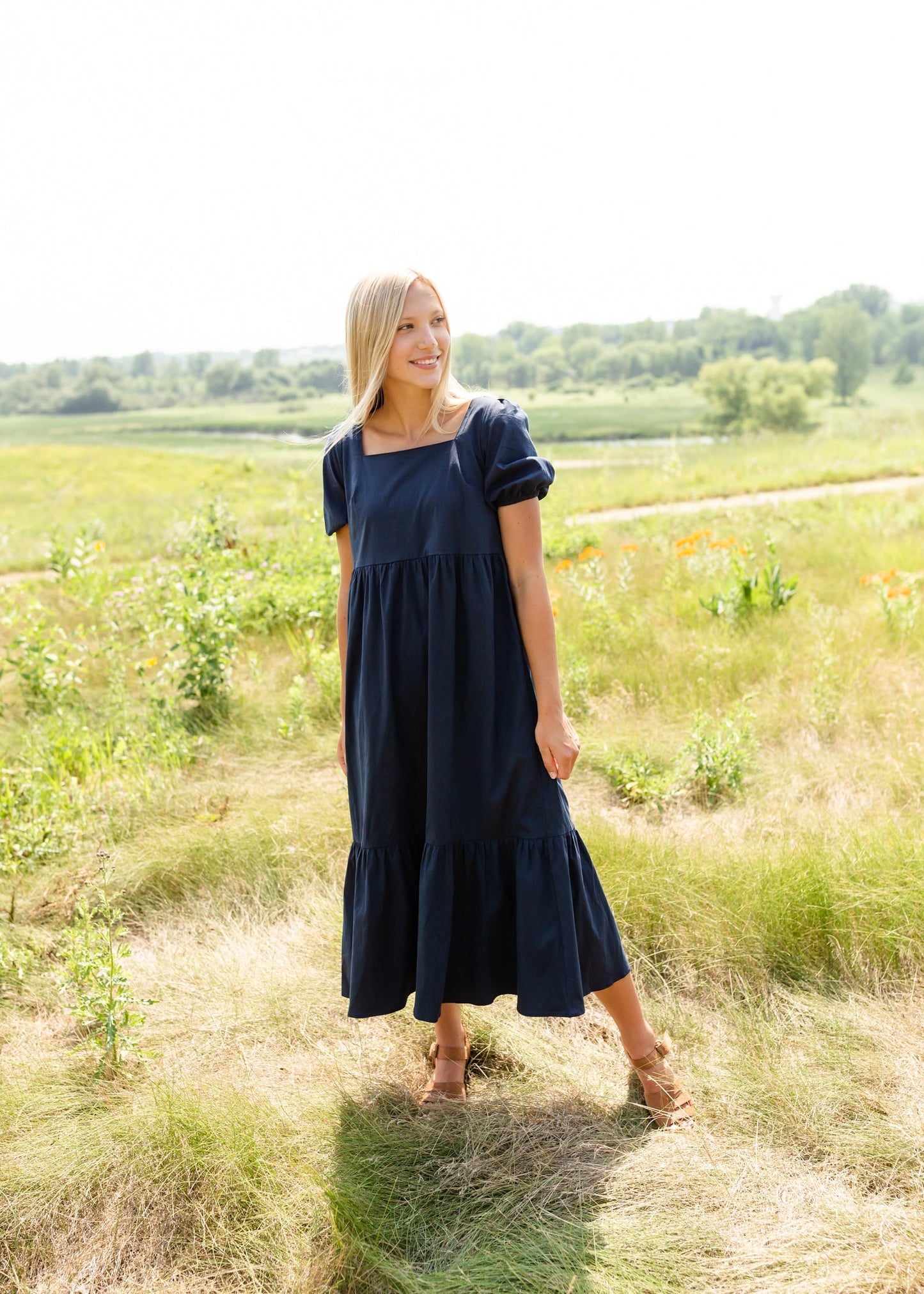 Navy Square Neck Midi Dress - FINAL SALE Dresses