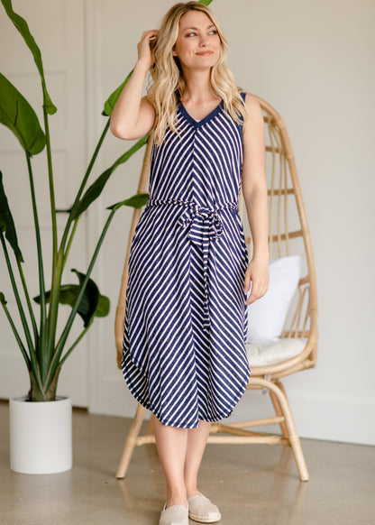 Navy Stripe + Belted Midi Dress - FINAL SALE Dresses