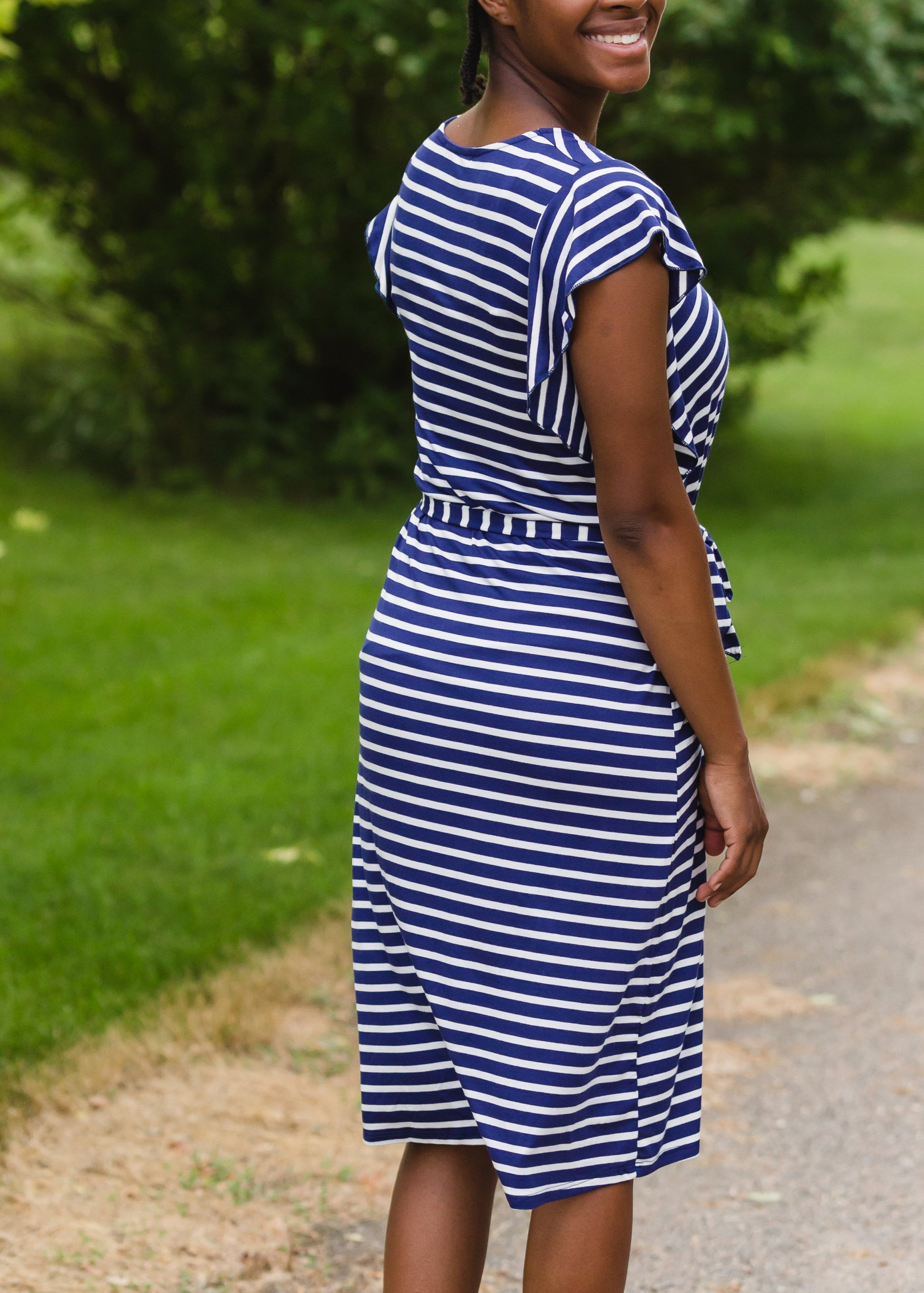 Navy Stripe Ruffle Sleeve Midi Dress - FINAL SALE Dresses