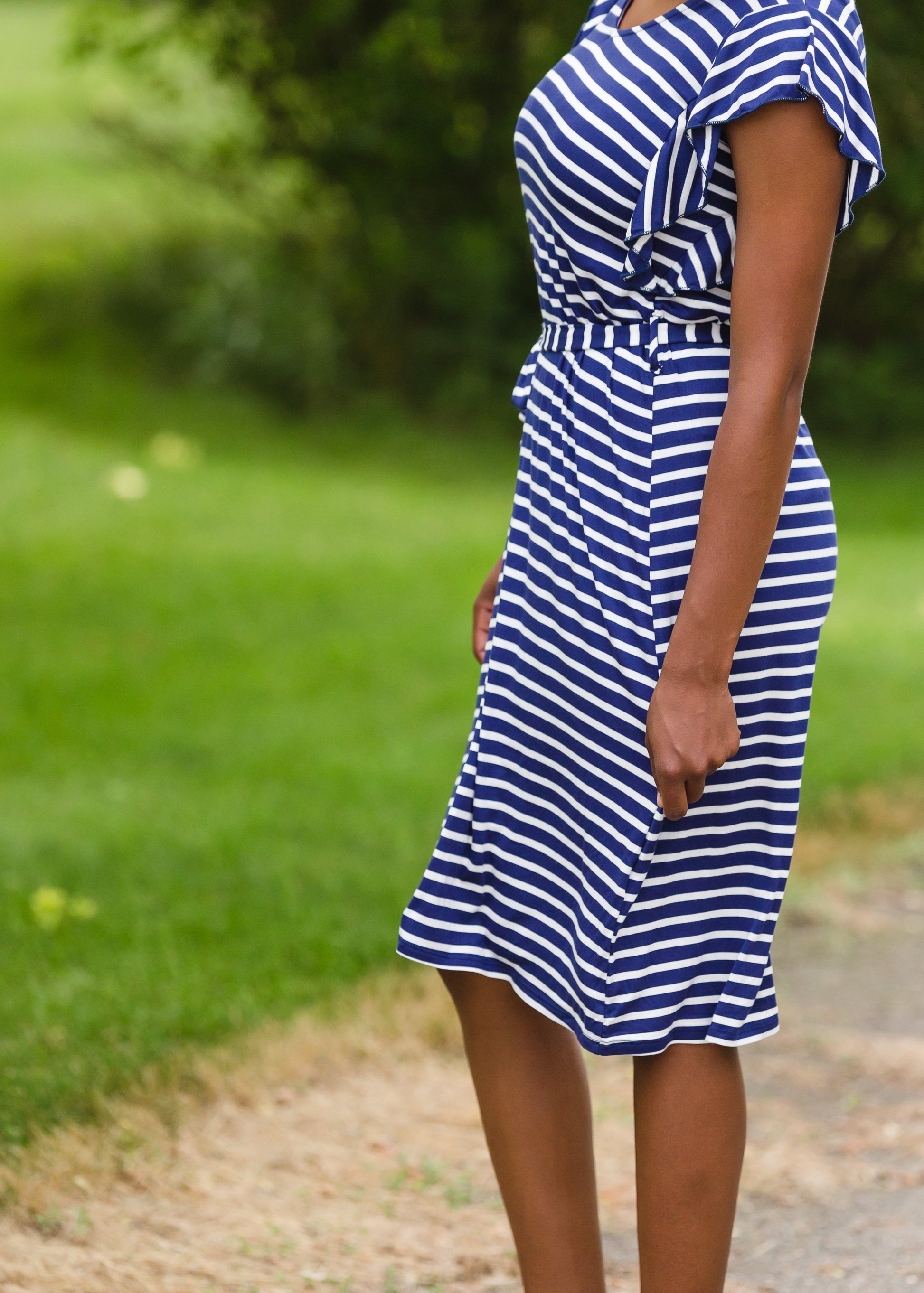 Navy Stripe Ruffle Sleeve Midi Dress - FINAL SALE Dresses