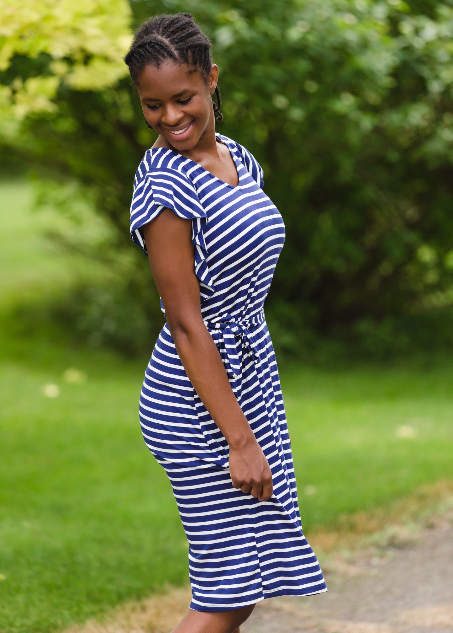 Navy Stripe Ruffle Sleeve Midi Dress - FINAL SALE Dresses