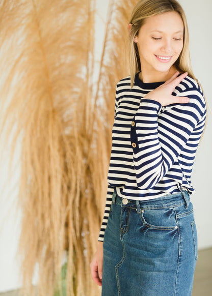 Navy Striped Button Detail Top - FINAL SALE Shirt