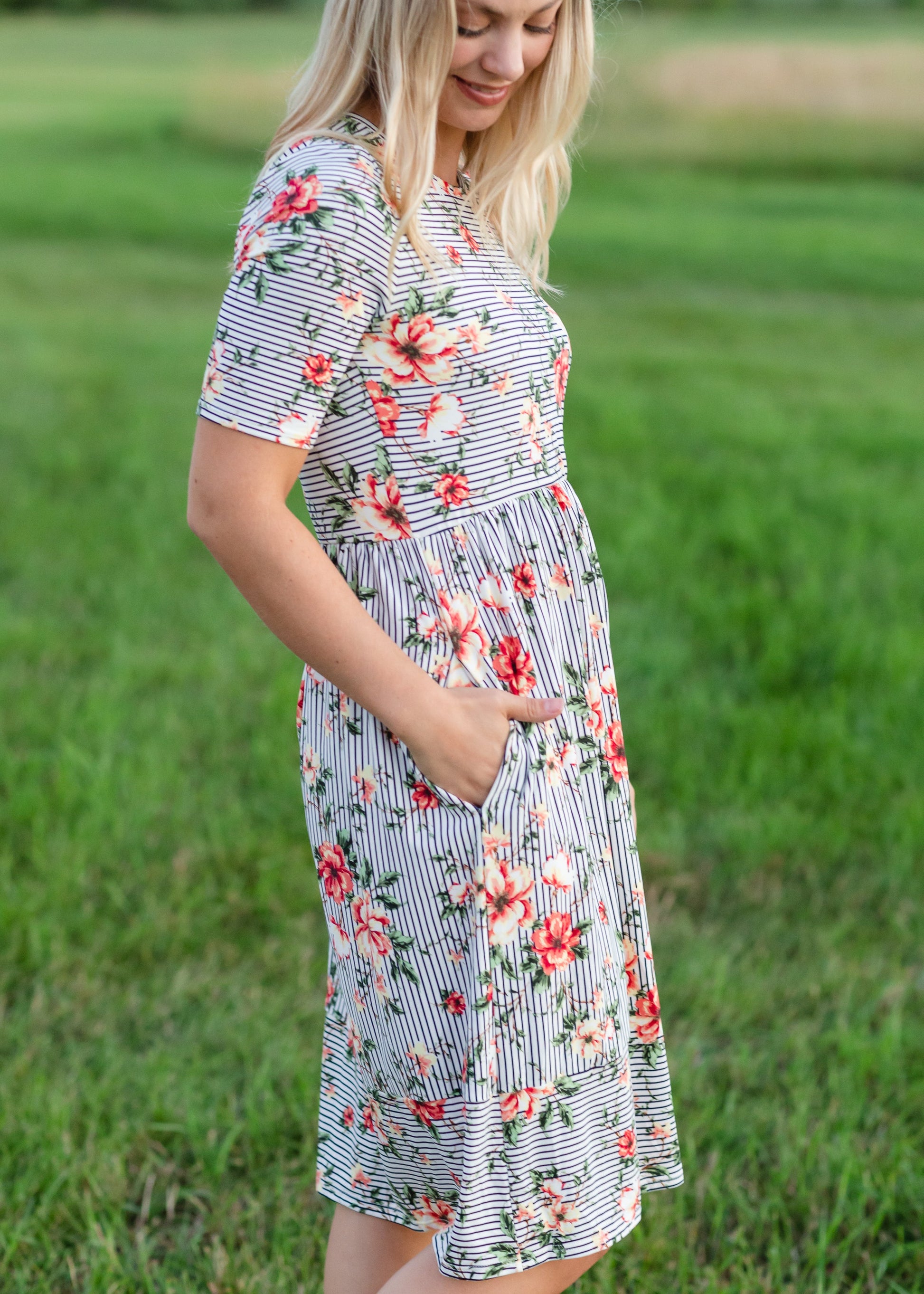 Navy Striped Floral Midi Dress - FINAL SALE Dresses