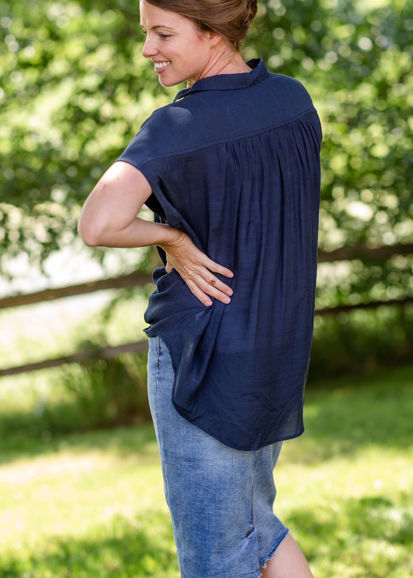 Navy V-Neck Button Down Top Tops