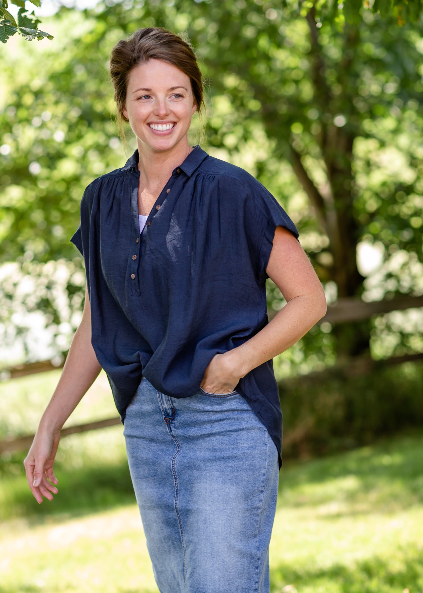 Navy V-Neck Button Down Top Tops