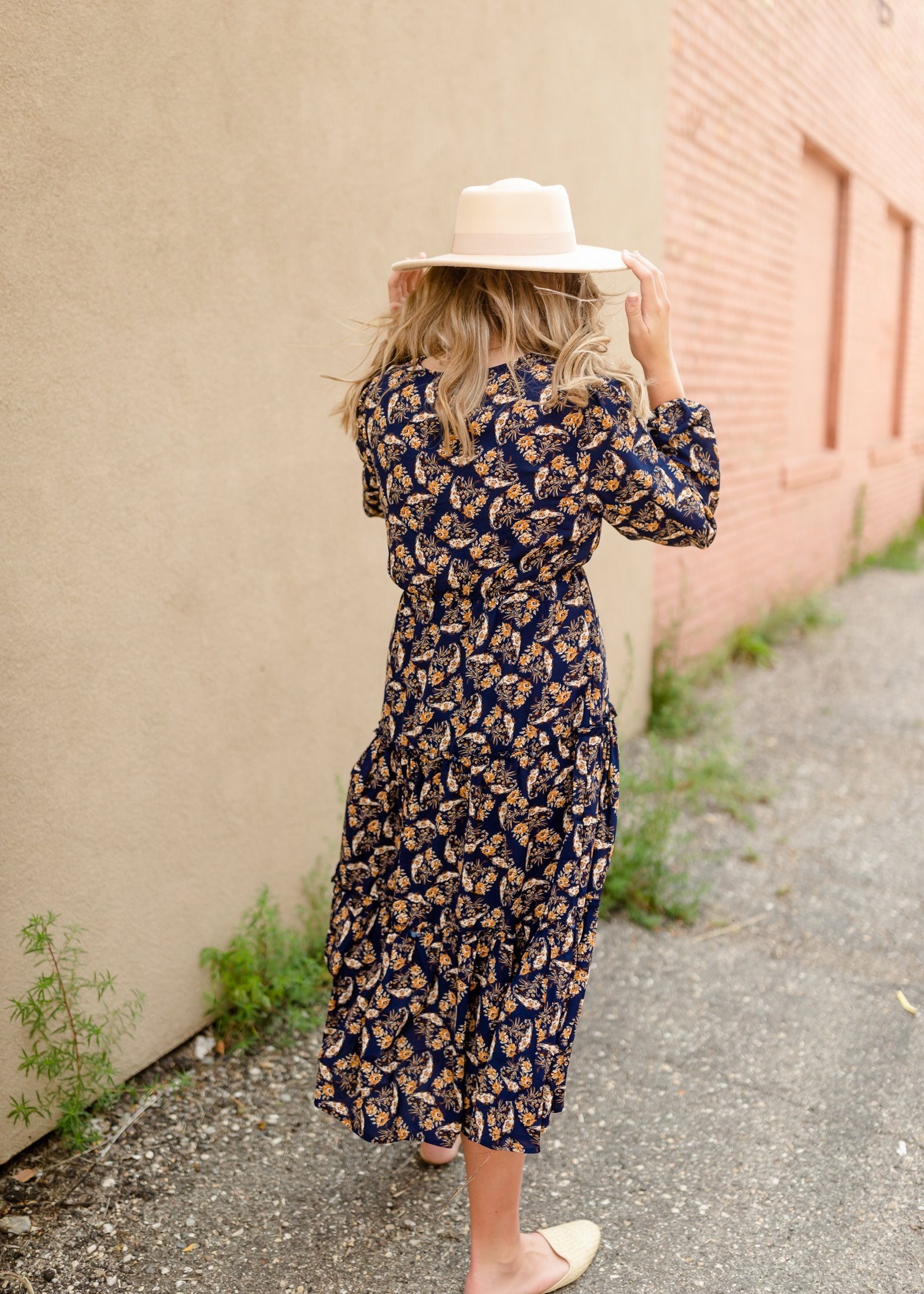 Navy V-Neck Floral Paisley Print Long Sleeve Dress Dresses Hayden