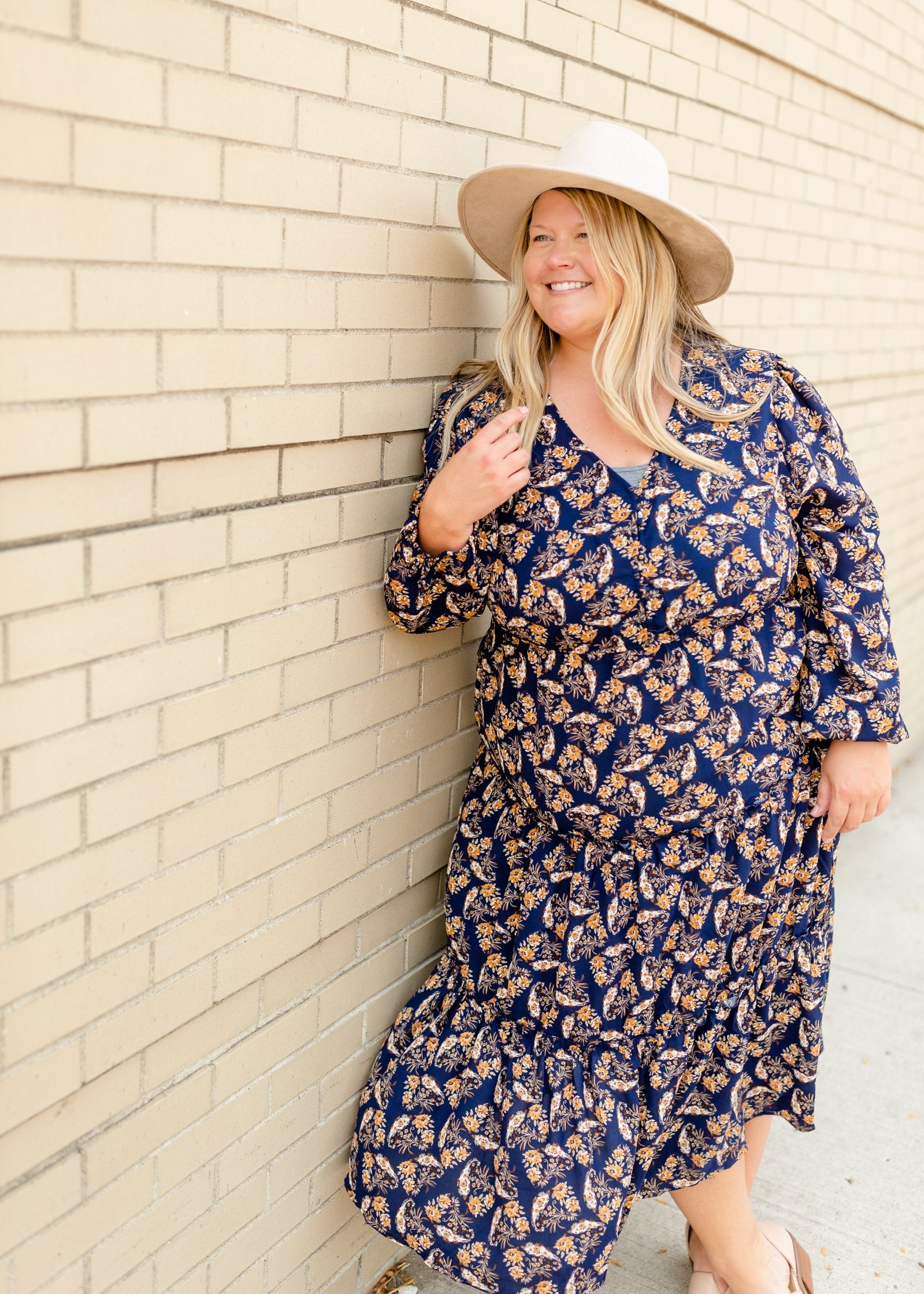 Navy V-Neck Floral Paisley Print Long Sleeve Dress Dresses Hayden