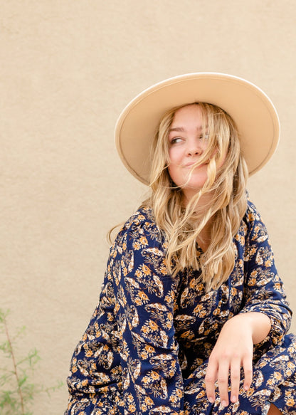 Navy V-Neck Floral Paisley Print Long Sleeve Dress Dresses Hayden