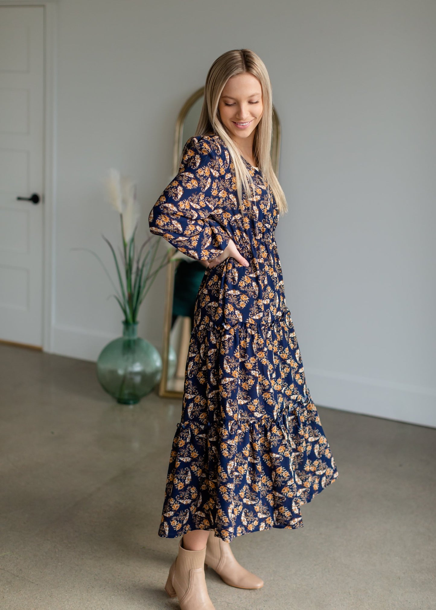 Navy V-Neck Floral Paisley Print Long Sleeve Dress Dresses Hayden