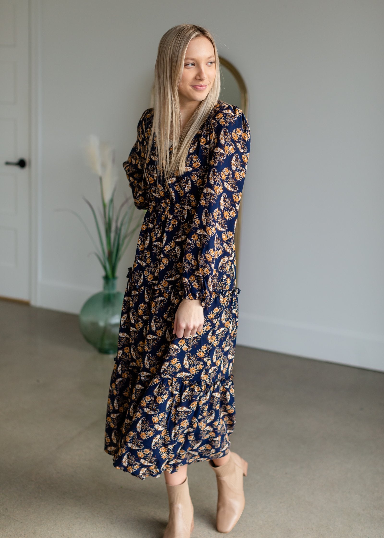 Navy V-Neck Floral Paisley Print Long Sleeve Dress Dresses Hayden