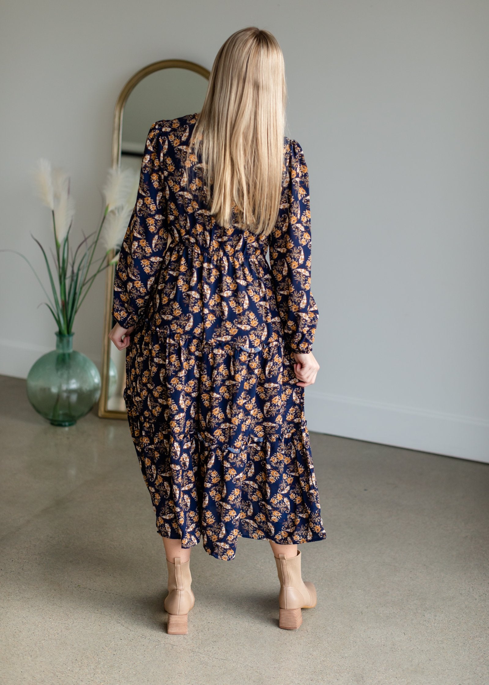 Navy V-Neck Floral Paisley Print Long Sleeve Dress Dresses Hayden