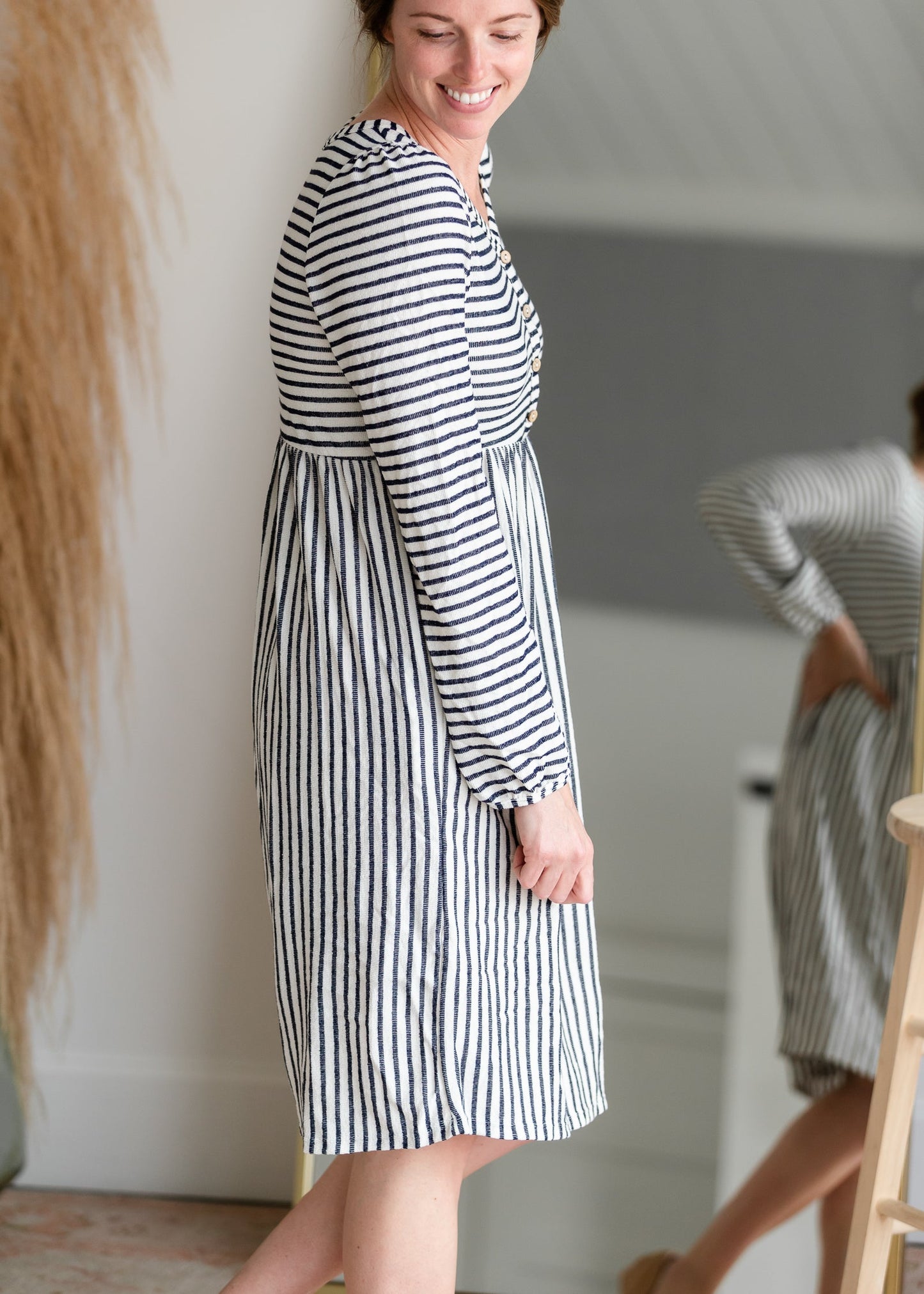 Navy & White Striped Midi Dress with Balloon Sleeves Dresses Hailey & Co