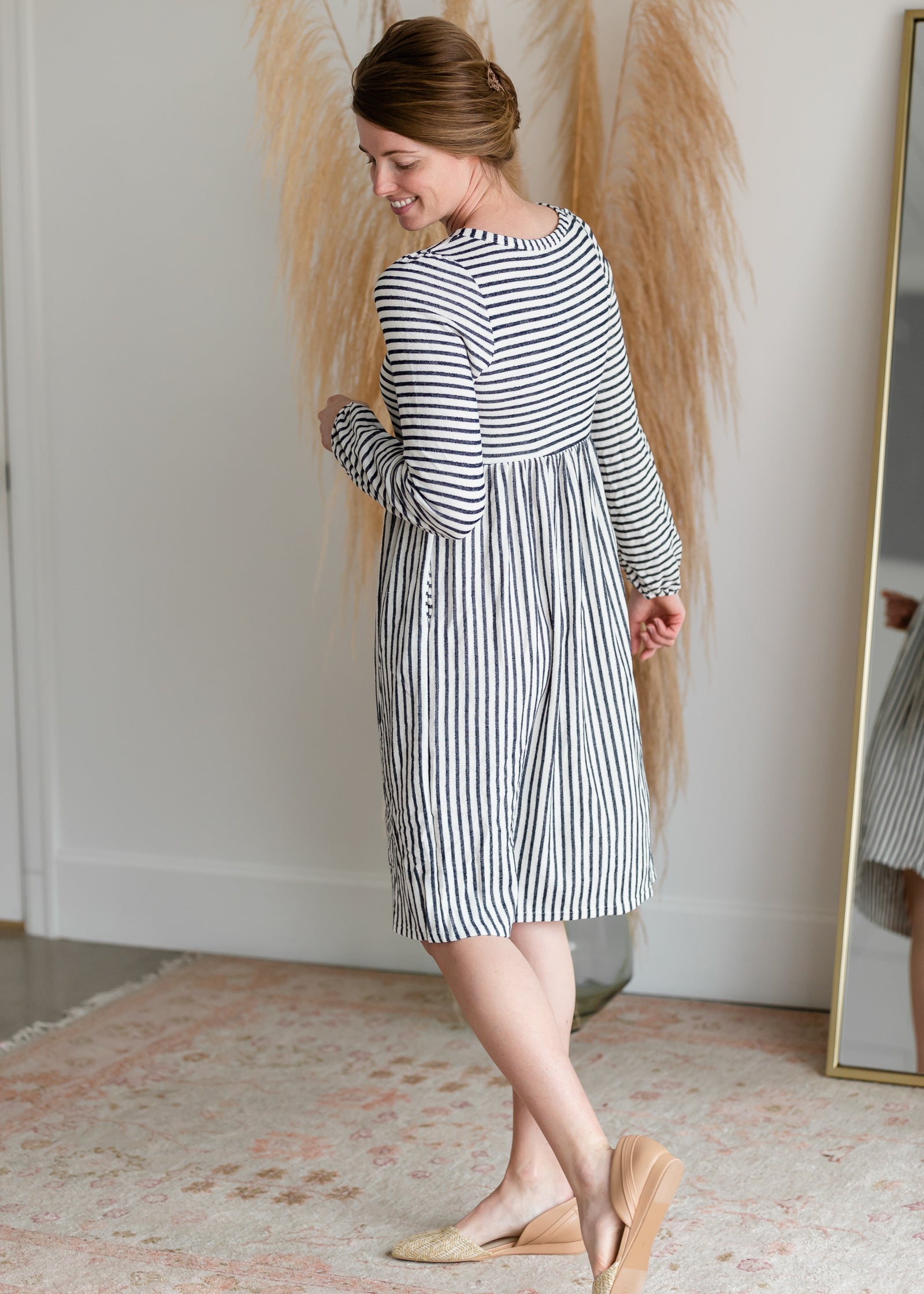 Navy & White Striped Midi Dress with Balloon Sleeves Dresses Hailey & Co