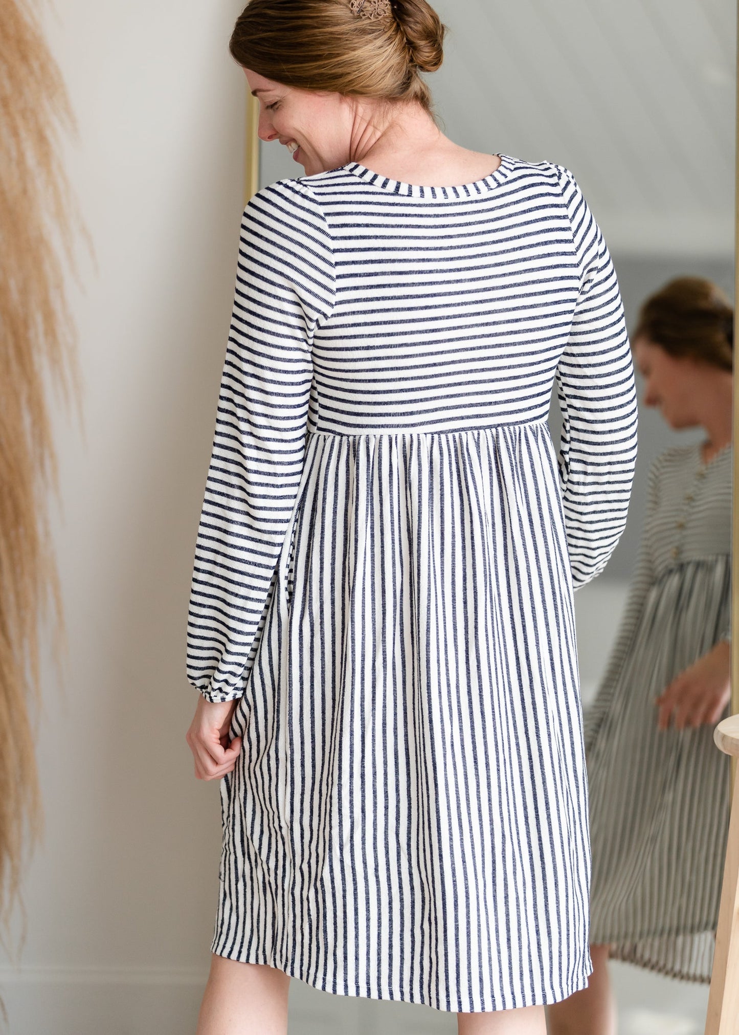 Navy & White Striped Midi Dress with Balloon Sleeves Dresses Hailey & Co