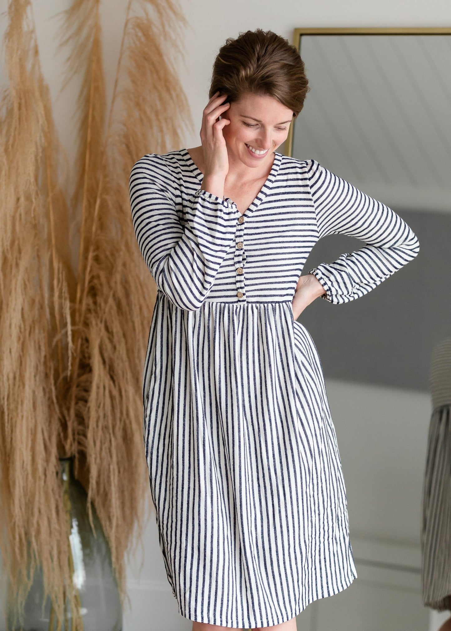 Navy & White Striped Midi Dress with Balloon Sleeves Dresses Hailey & Co