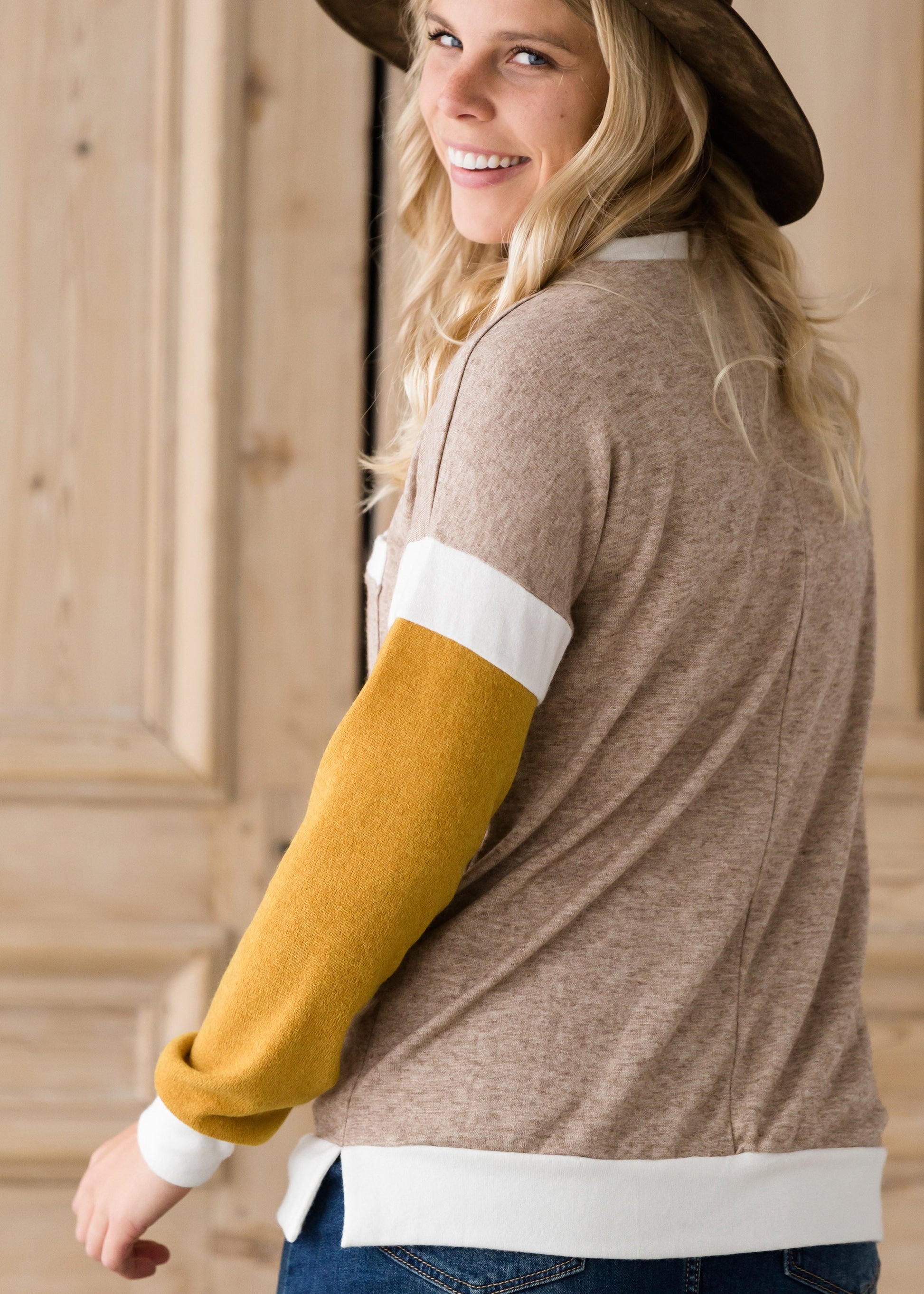 Neutral Knit Top With Pocket - FINAL SALE Tops