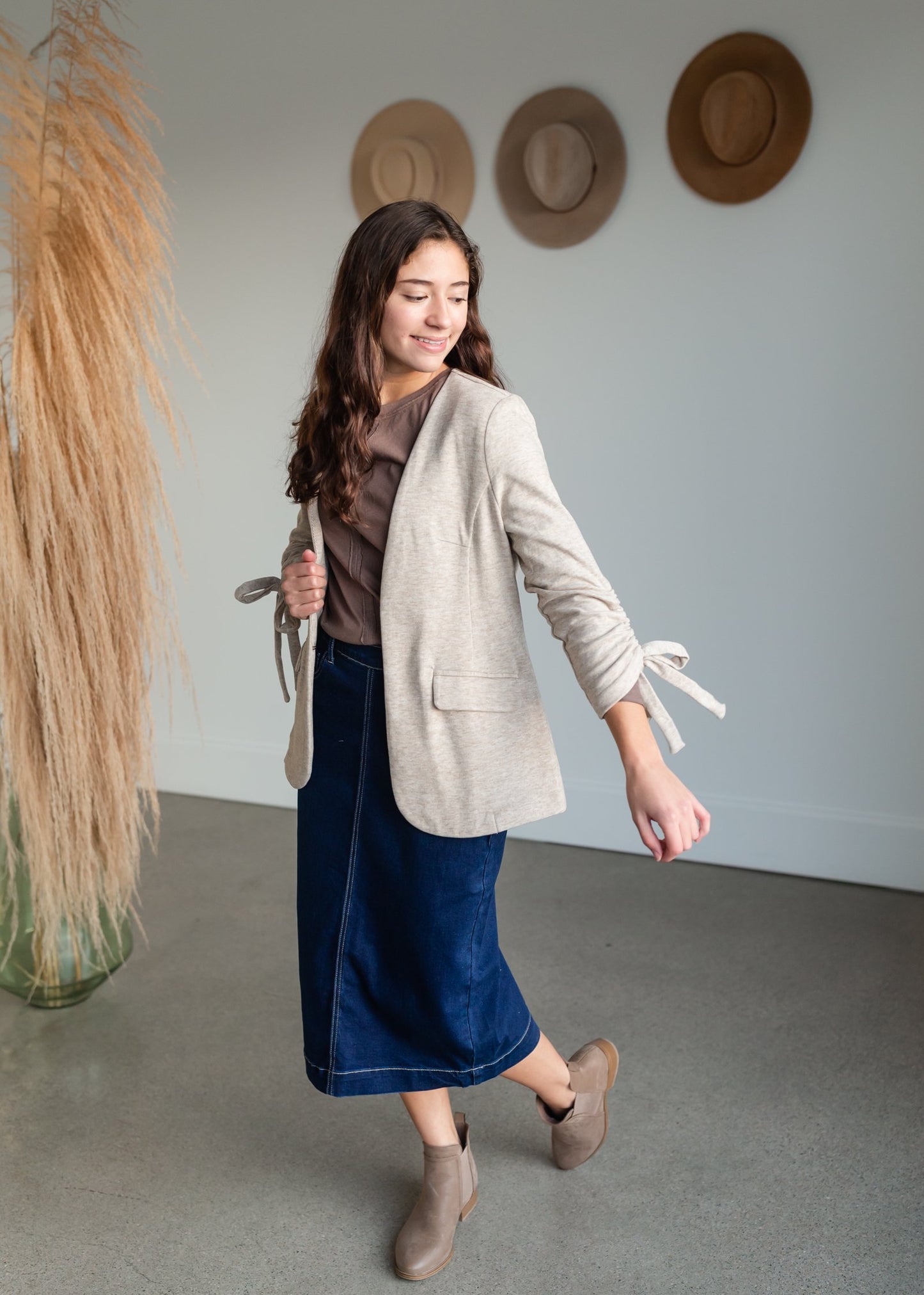 Oatmeal Cinch Sleeve Button Front Blazer Tops Doe & Rae