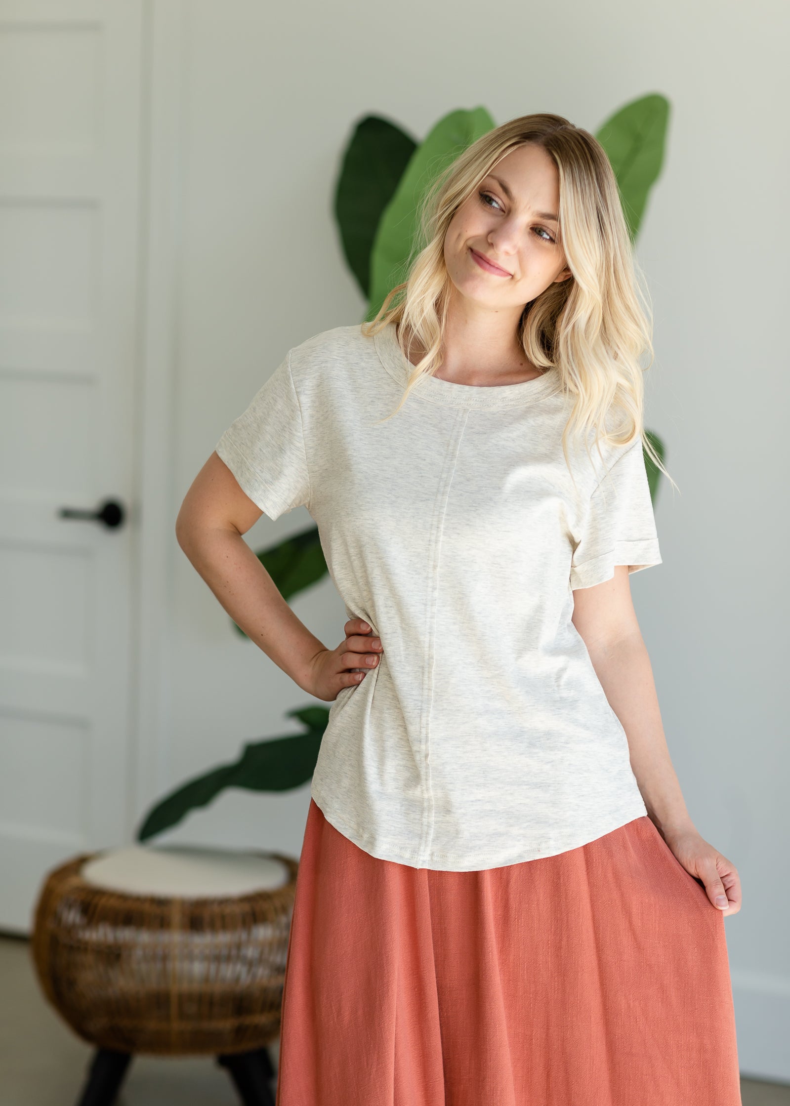 Oatmeal Crewneck Folded Sleeve Top - FINAL SALE Tops