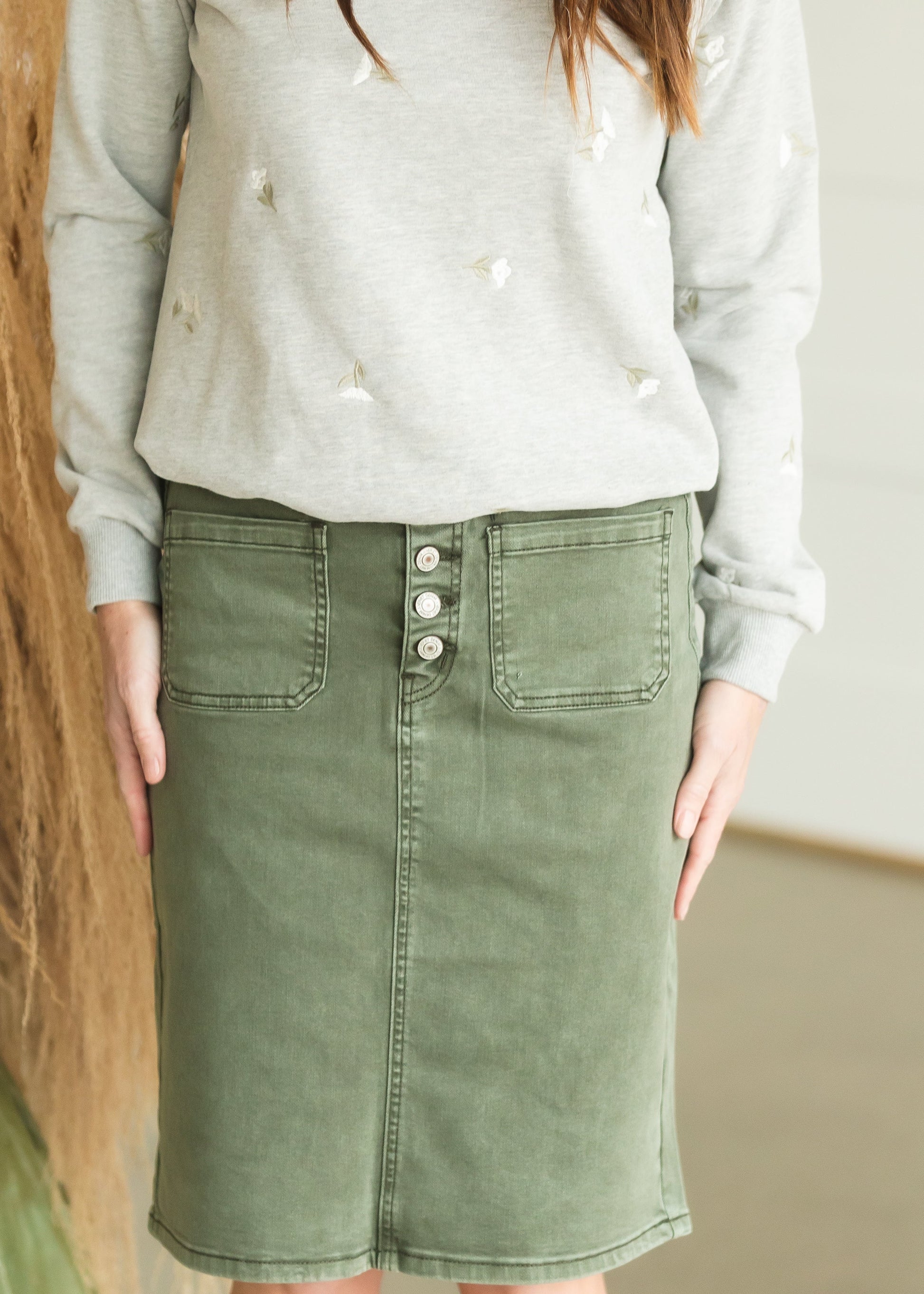 Olive Button Front Midi Denim Skirt - FINAL SALE Skirts