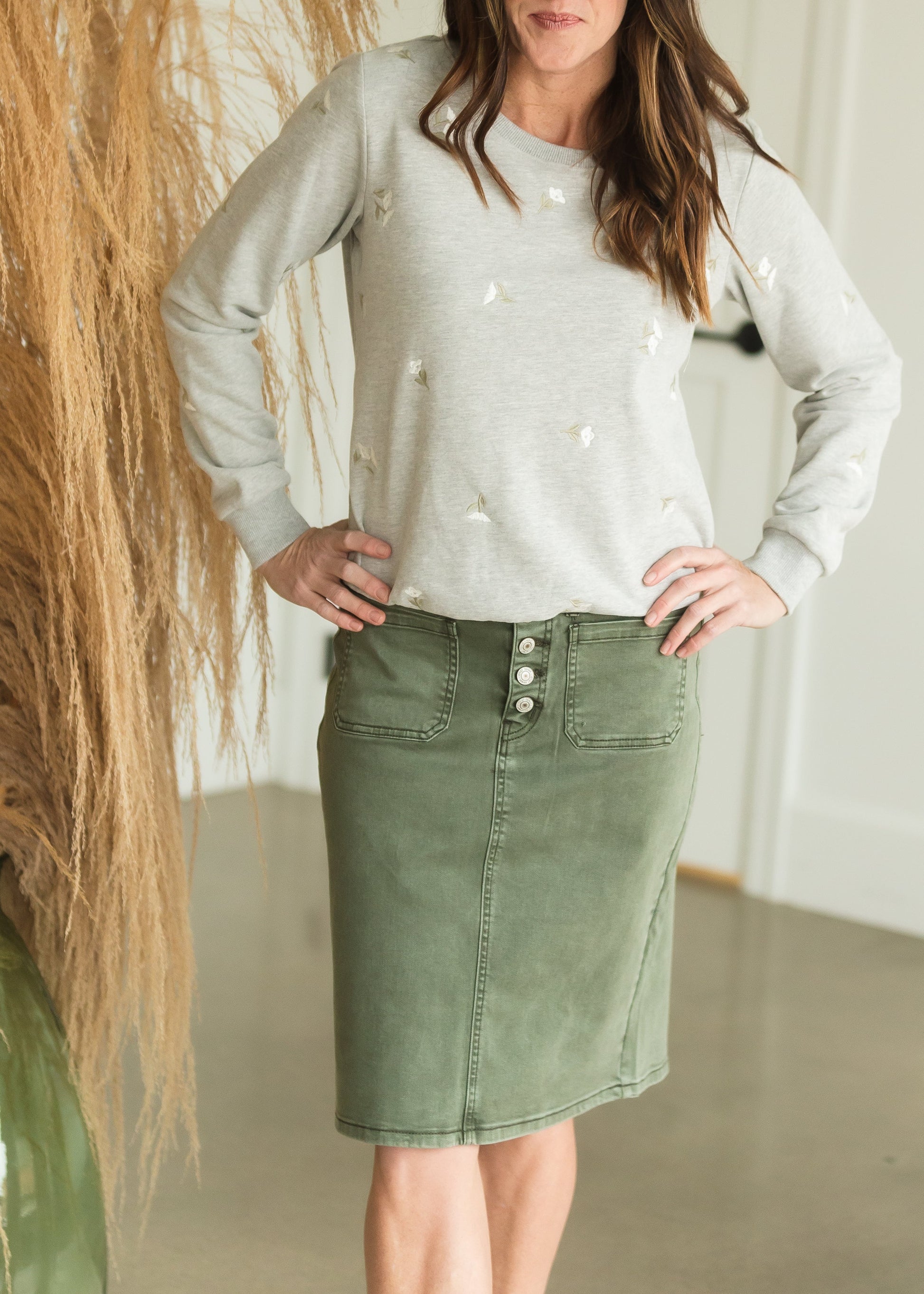 Olive Button Front Midi Denim Skirt - FINAL SALE Skirts