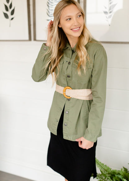 Olive Cargo Button Up Jacket Tops