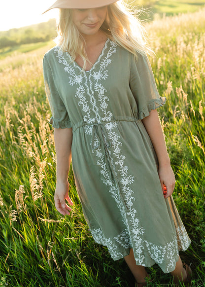 Olive Embroidered Tie Waist V Neck Midi Dress - FINAL SALE Dresses