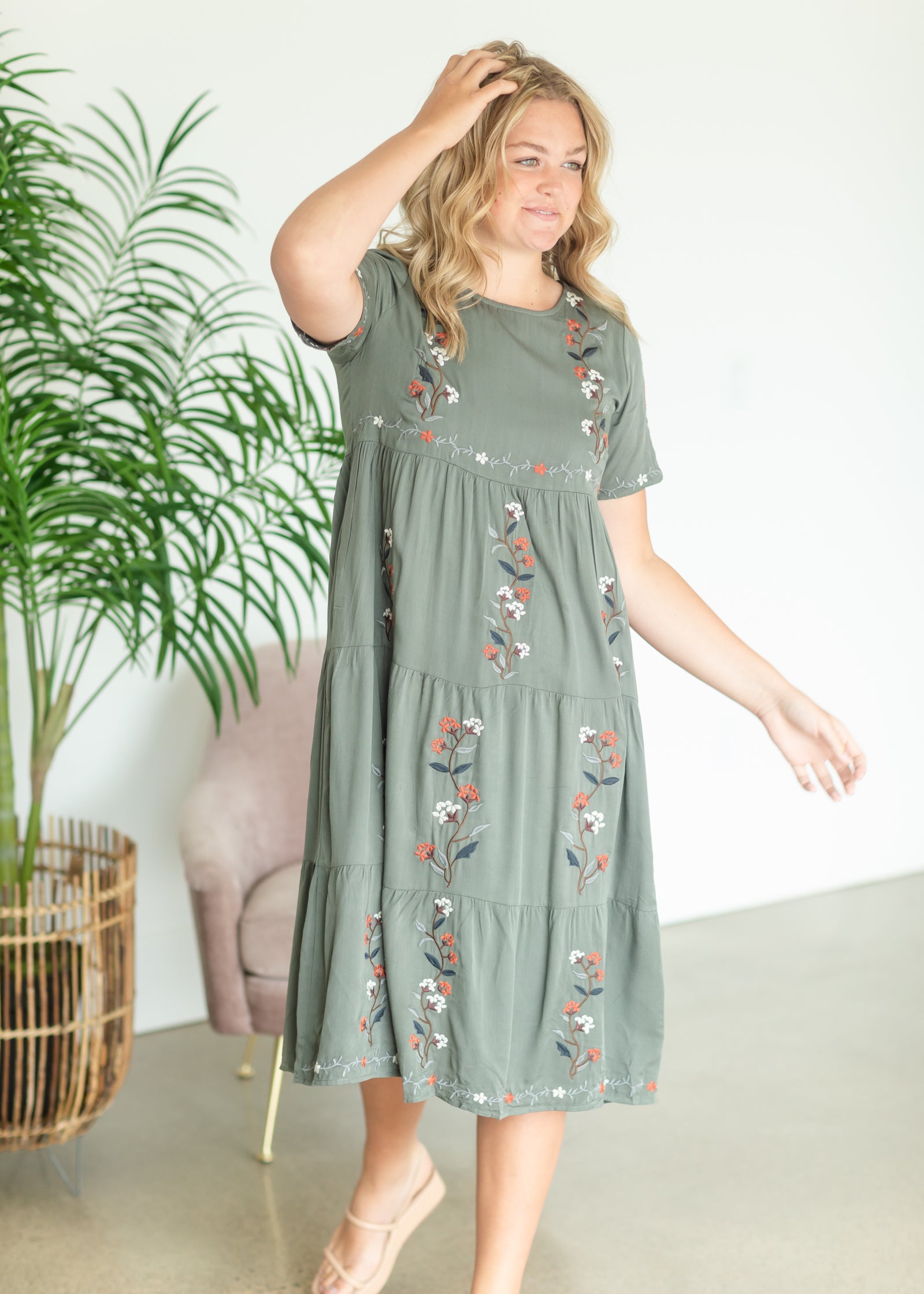 Olive Embroidered Tiered Midi Dress Dresses