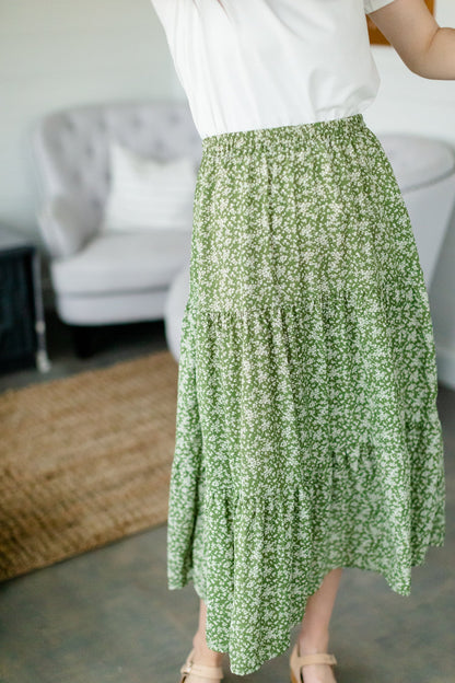 Olive Floral Tiered Midi Skirt Skirts