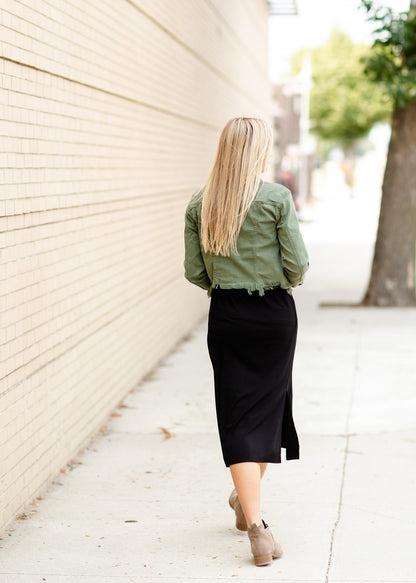 Olive Frayed Denim Jacket Tops Hidden