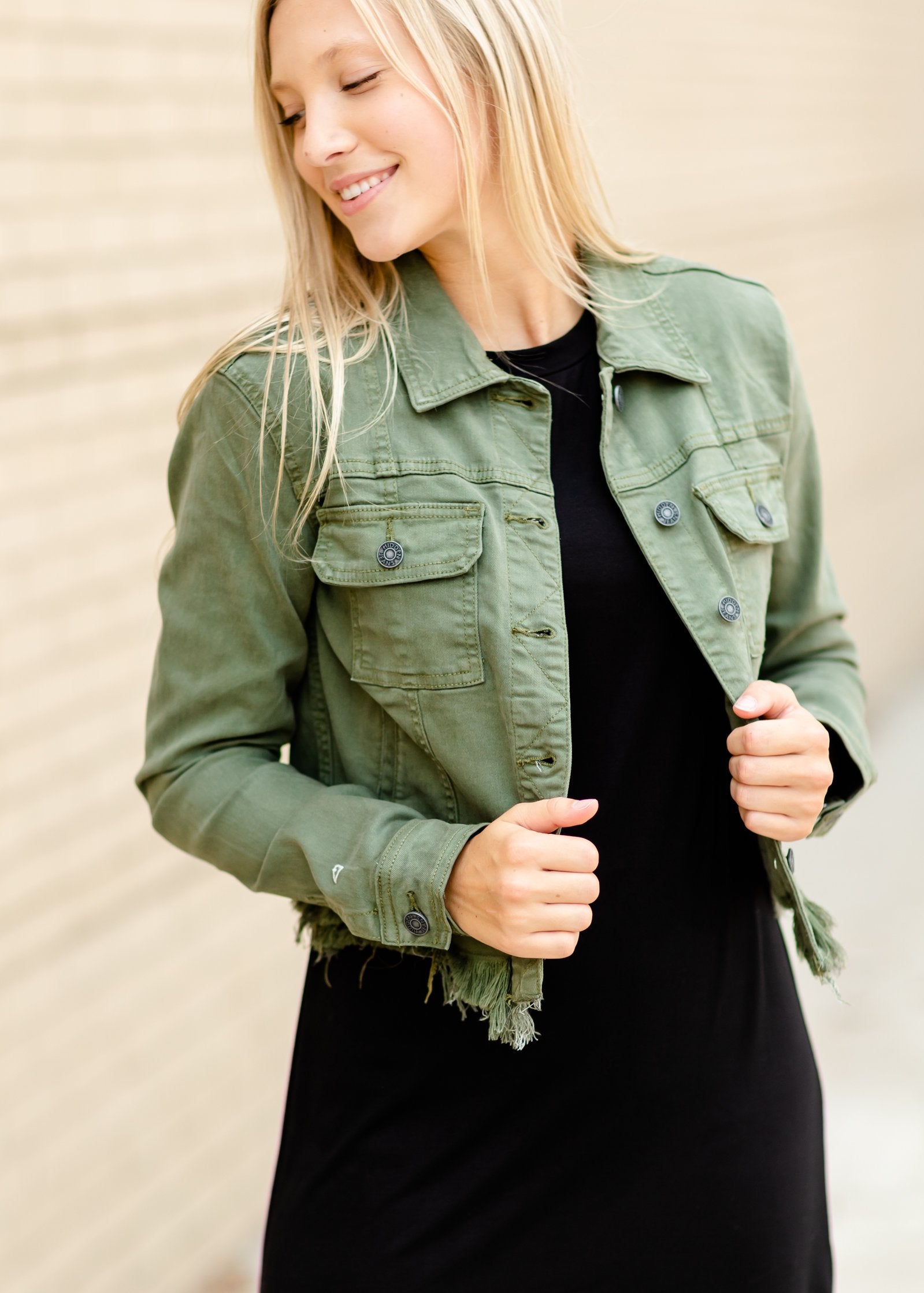 Olive Frayed Denim Jacket Tops Hidden