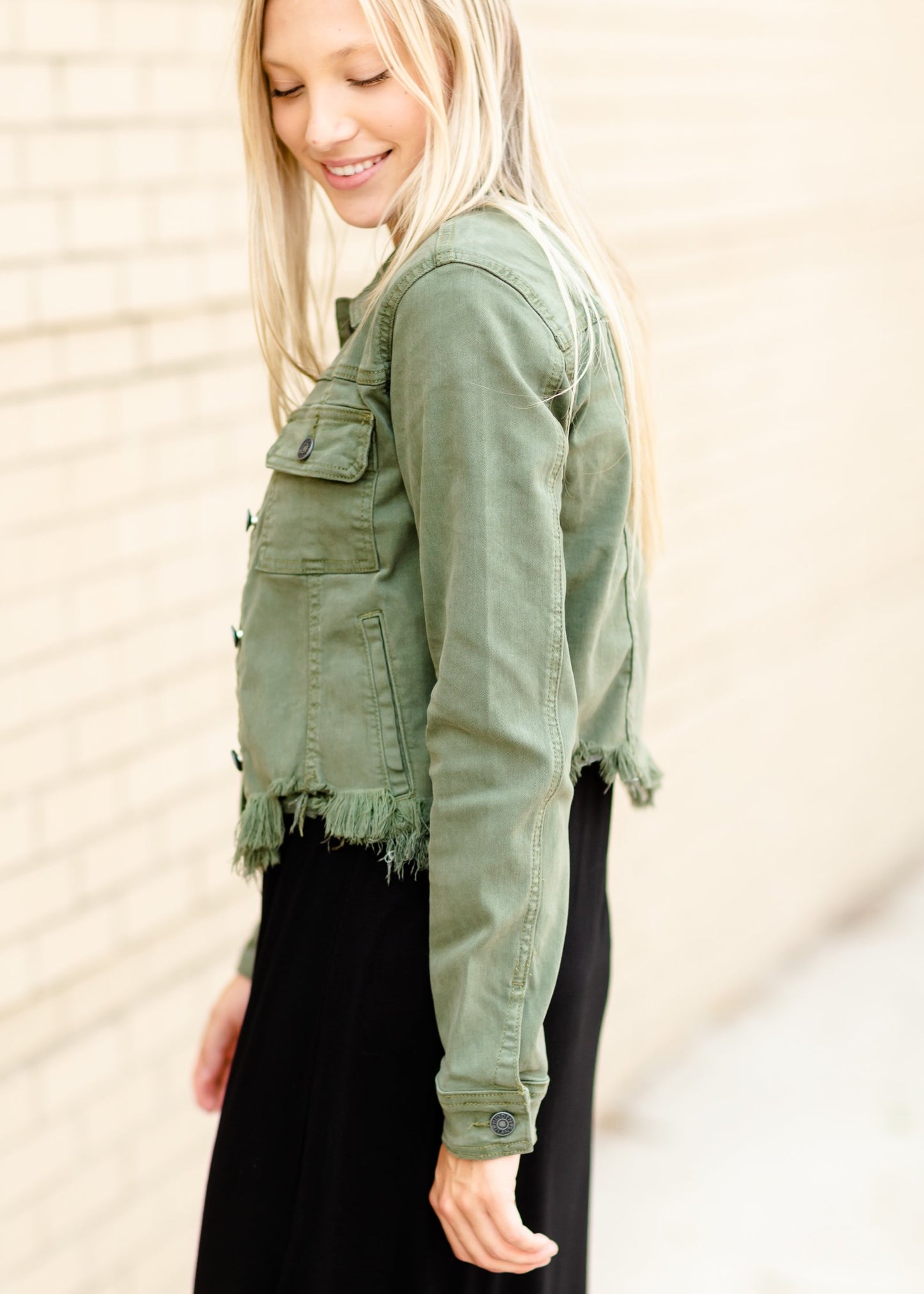 Olive Frayed Denim Jacket Tops Hidden