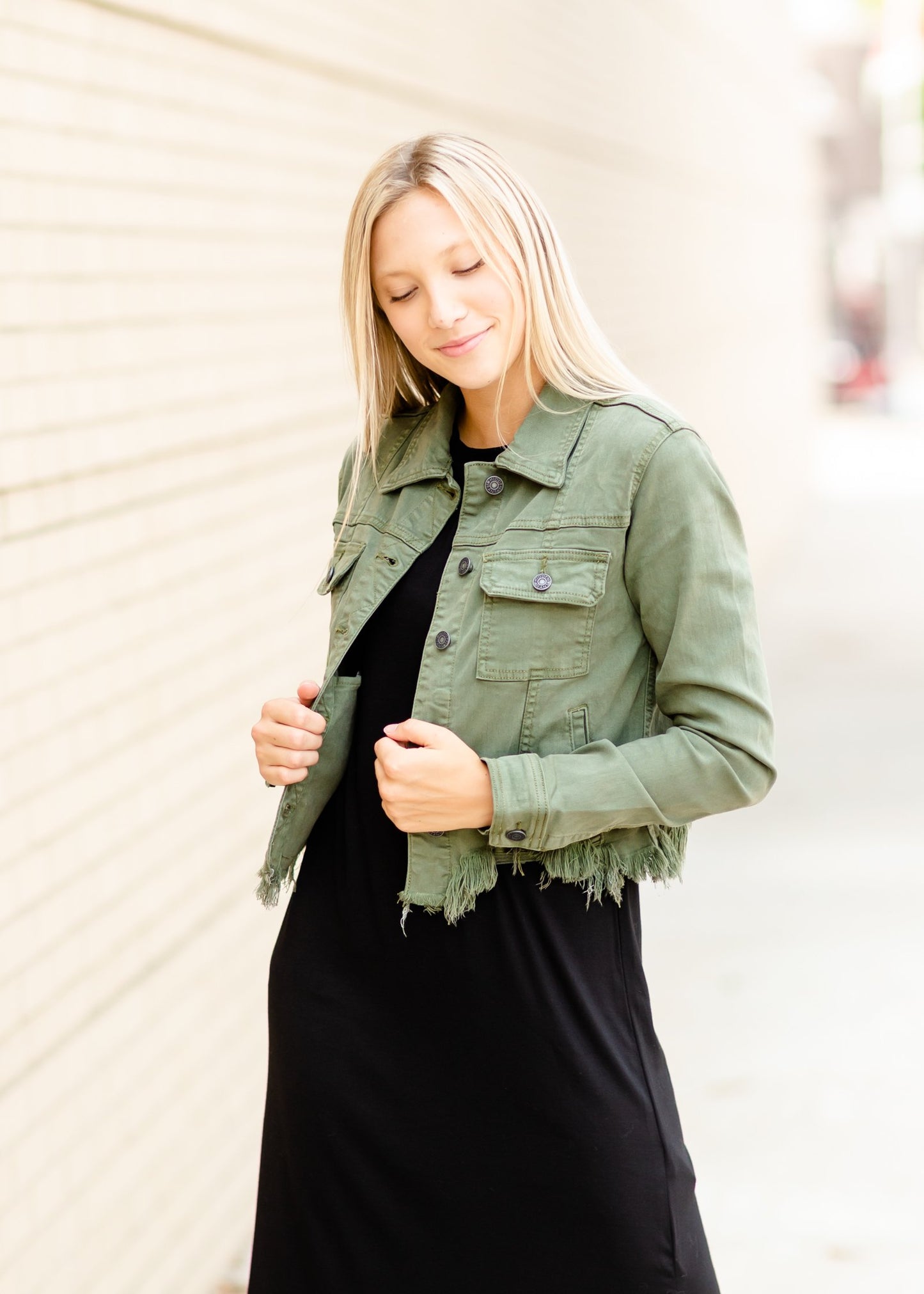 Olive Frayed Denim Jacket Tops Hidden