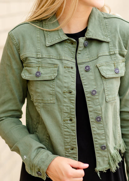 Olive Frayed Denim Jacket Tops Hidden