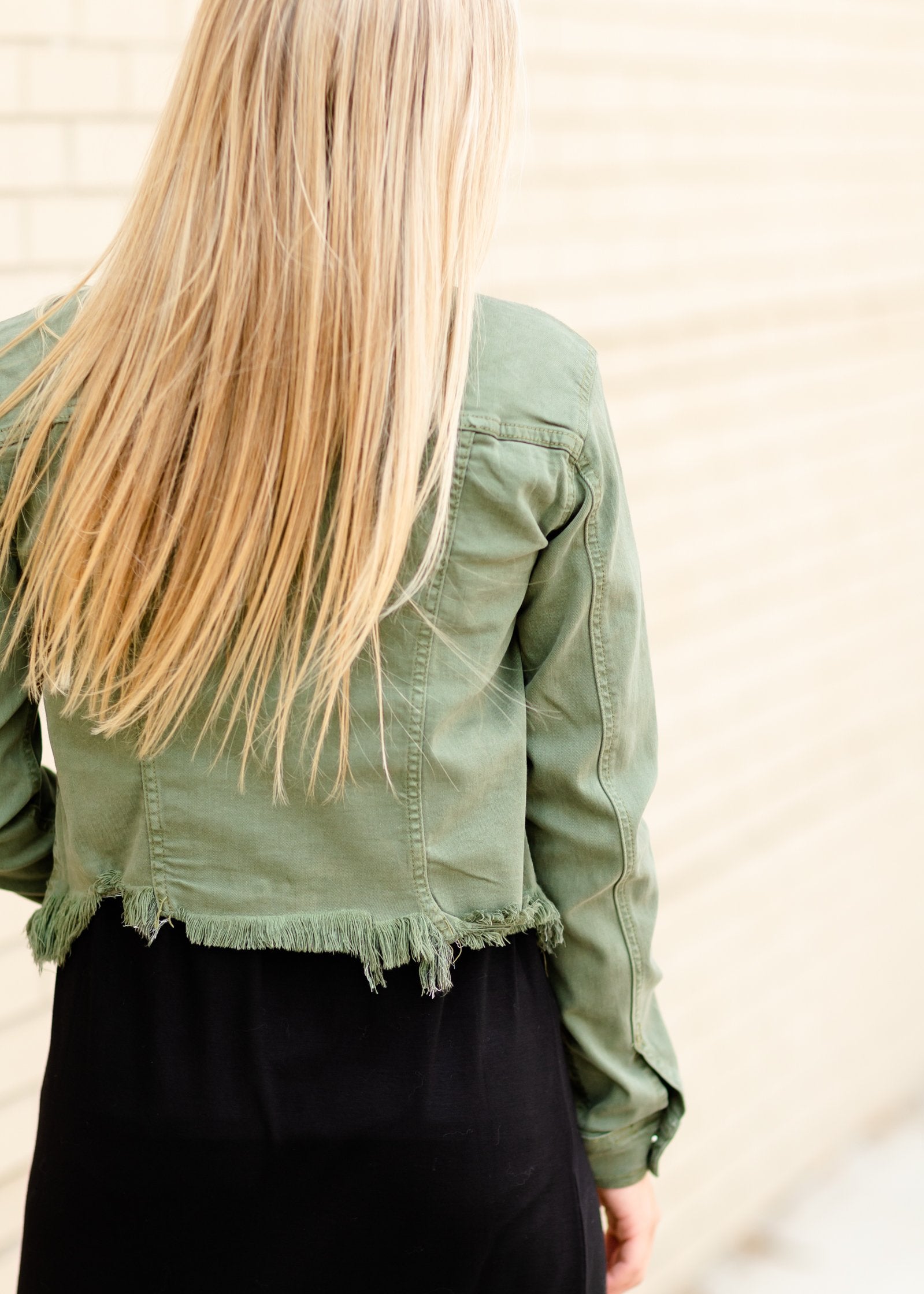 Olive Frayed Denim Jacket Tops Hidden