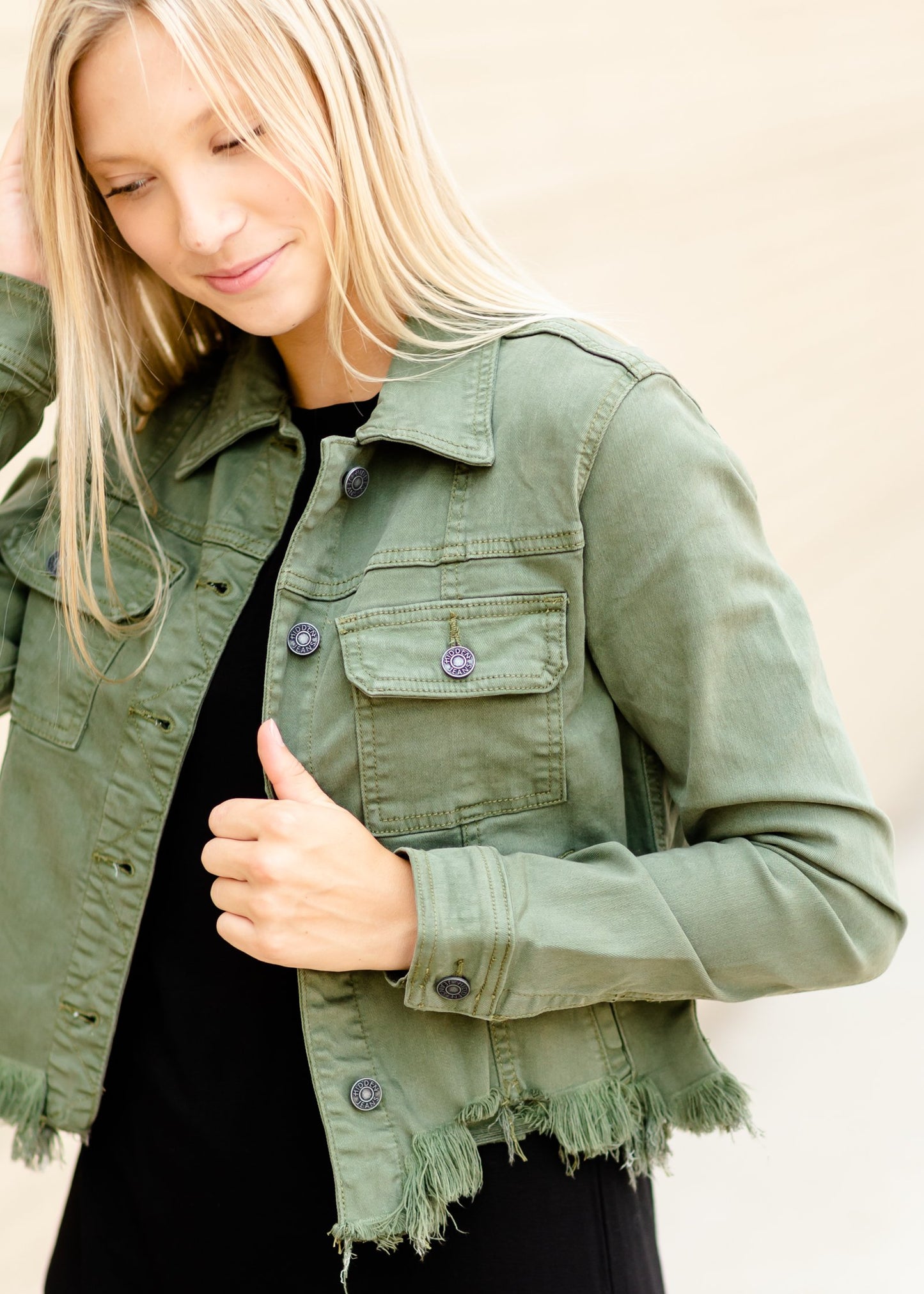 Olive Frayed Denim Jacket Tops Hidden