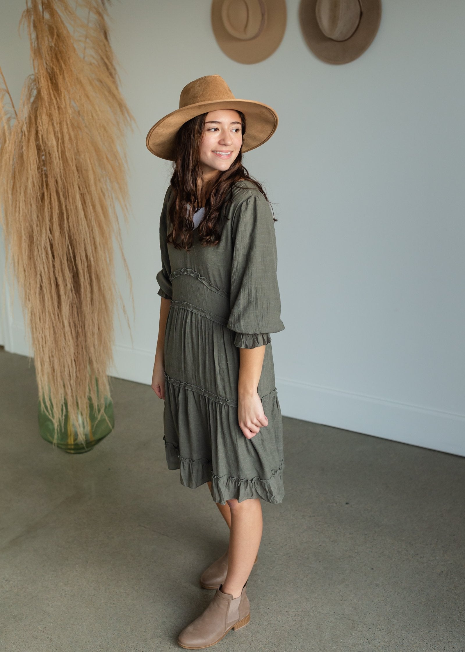 Olive Green Ruffle Detail Midi Dress Dresses Mikarose