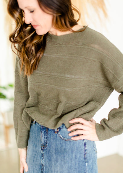 Olive Green Textured Crewneck Sweater - FINAL SALE Tops