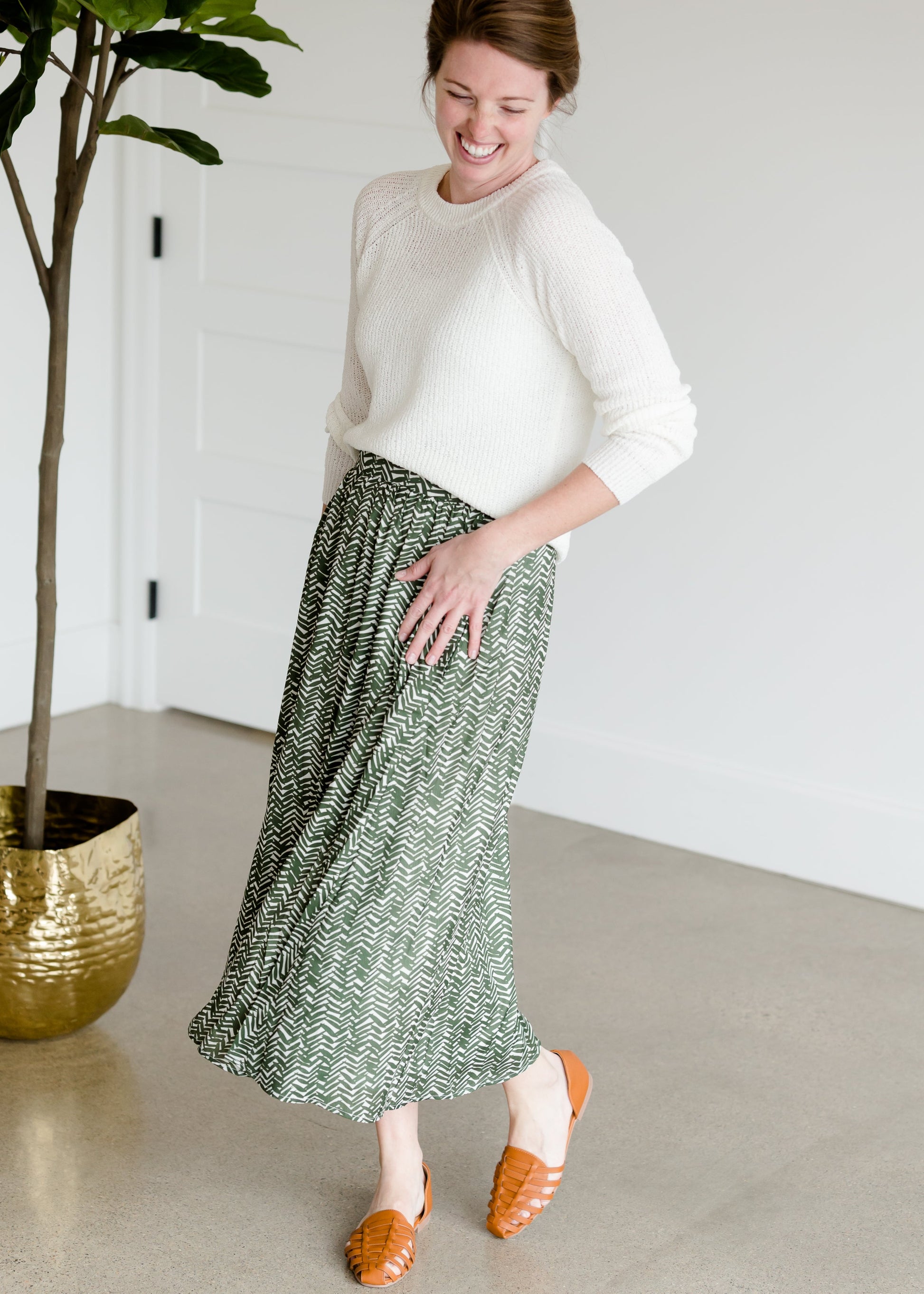 Olive Leaf Printed Midi Skirt Skirts