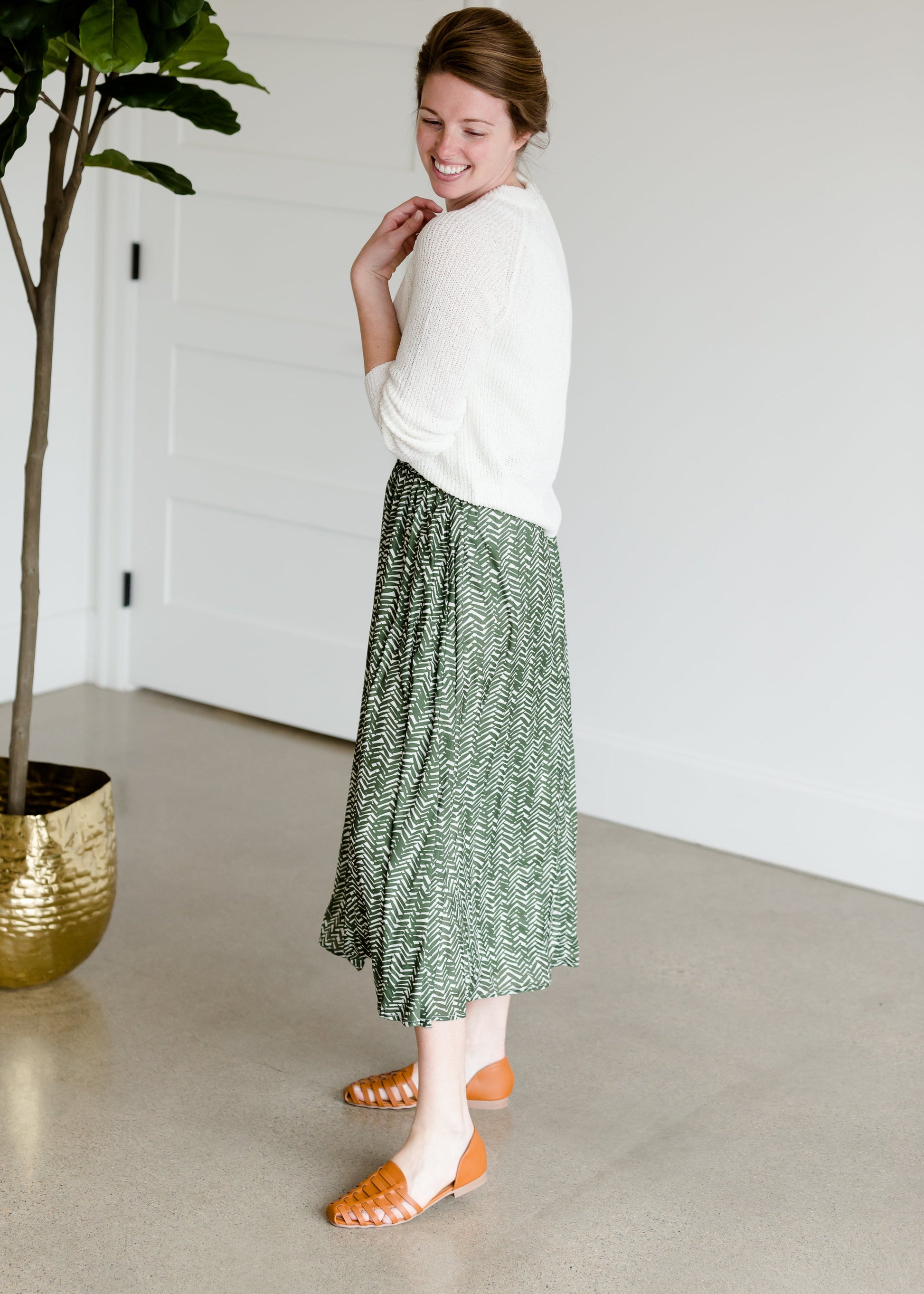 Olive Leaf Printed Midi Skirt Skirts