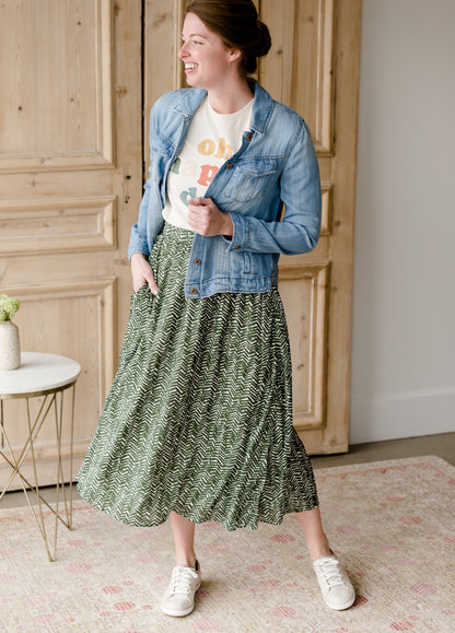 Olive Leaf Printed Midi Skirt Skirts